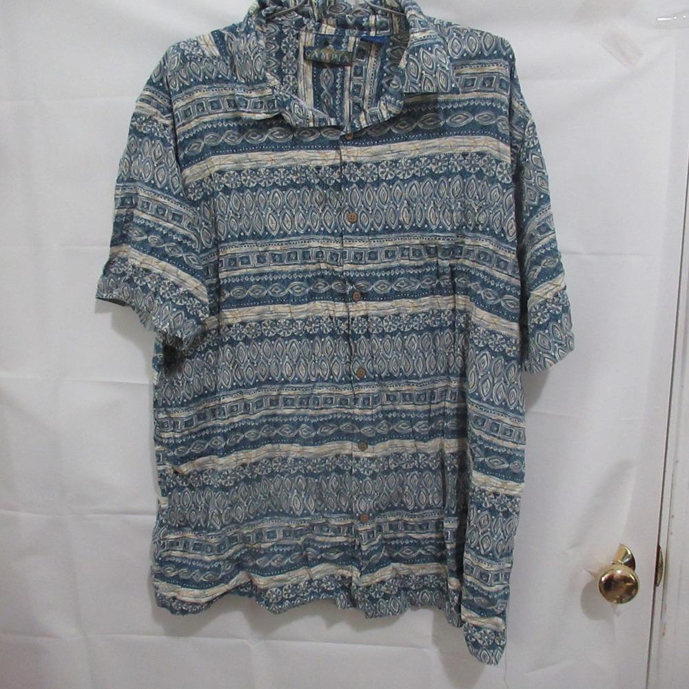 Campia Button camp Shirt Mens XXL Blue Geometric Tropical hawaiian Short Sleeve